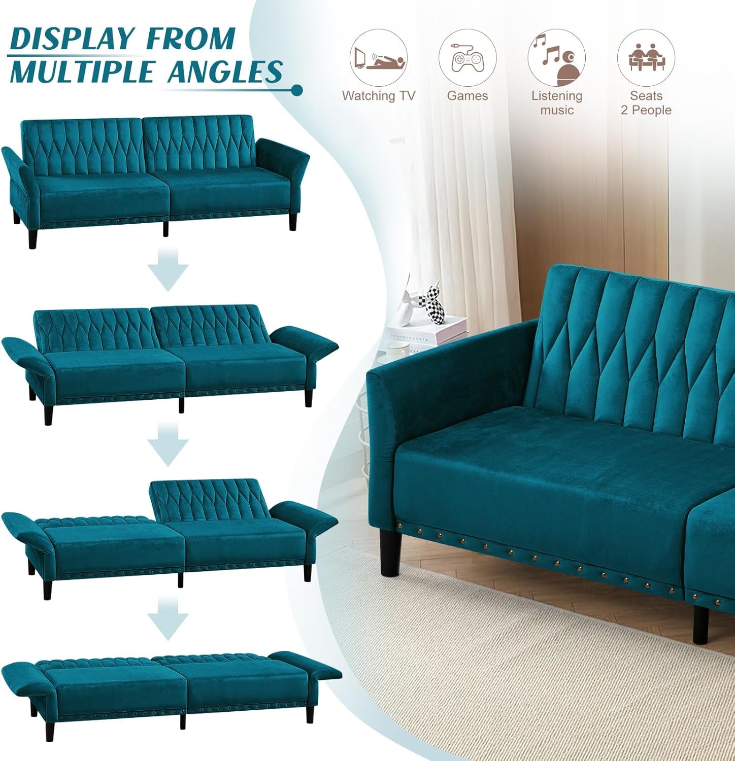 Teal sofa displayed from multiple angles with icons indicating its uses.