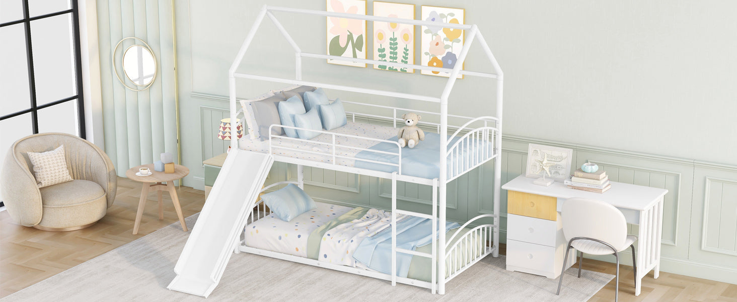 Twin Over Twin Metal Bunk Bed With Slide, Kids House Bed