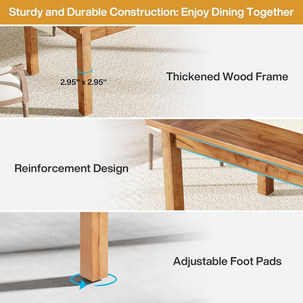 Wooden dining table with highlighted features on a neutral background
