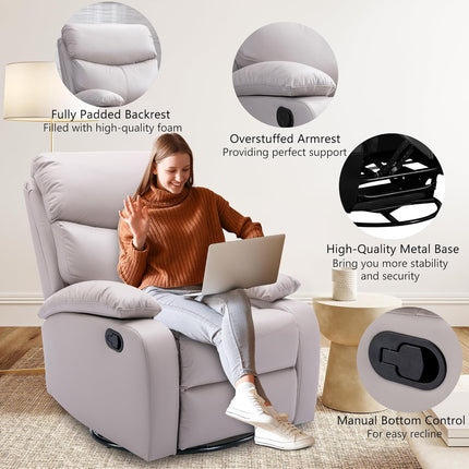 Swivel Rocker Recliner Chair for Adults, Rocking Recliner Chair, Rocker Recliners for Small Spaces, Manual Recliner Lazyboy Single Sofa for Living Room, Nursery, RV, Beige-2
