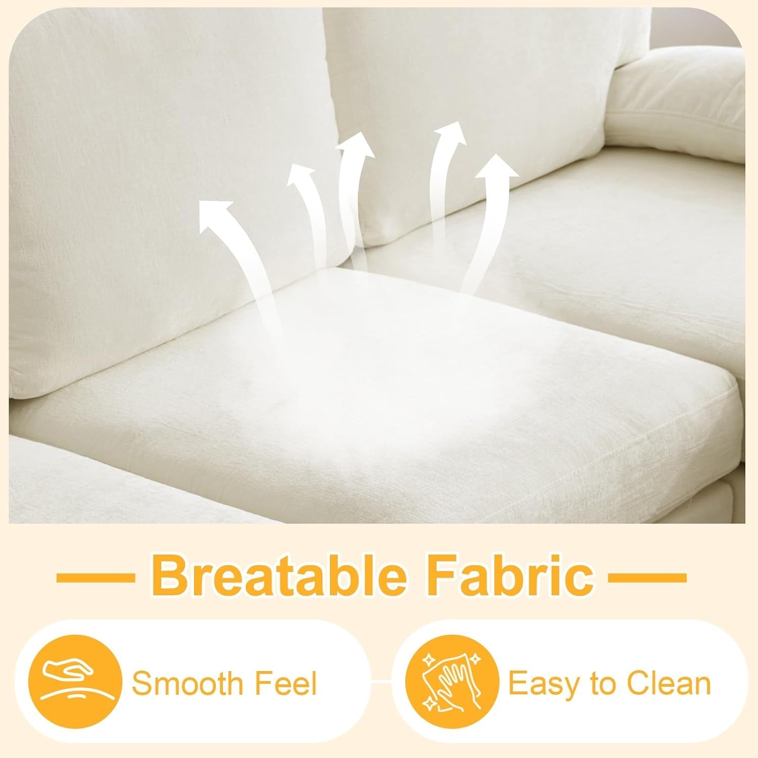 Beige sofa with breathable fabric features highlighted on a beige background