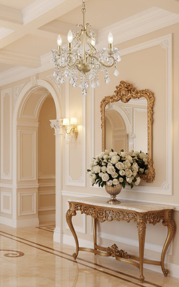 Modern kitchen with white island and stools, featuring stainless steel appliances and decorative elements.
