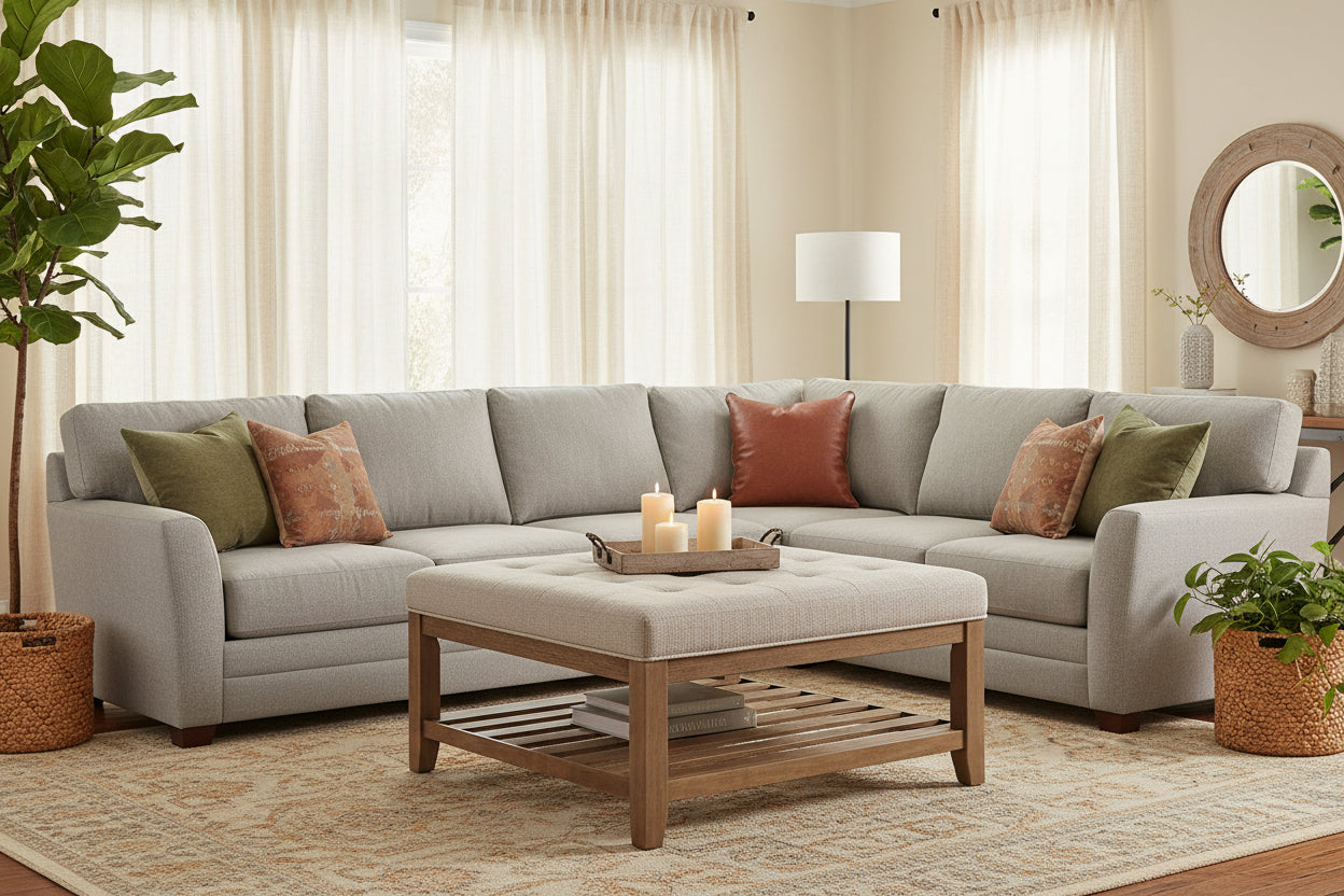 Beige upholstered ottoman with wooden frame on a white background