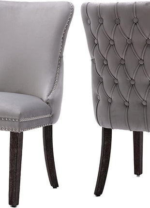 Set of 2 Light Gray Velvet Tufted Wingback Dining Side Chairs, Nailhead, Solid Wood Legs-1