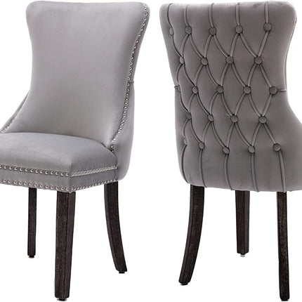 Set of 2 Light Gray Velvet Tufted Wingback Dining Side Chairs, Nailhead, Solid Wood Legs-1