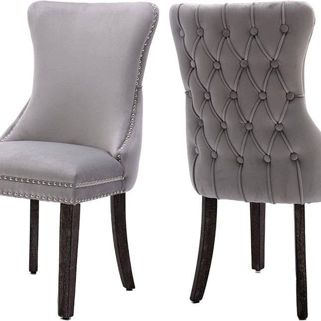 Set of 2 Light Gray Velvet Tufted Wingback Dining Side Chairs, Nailhead, Solid Wood Legs-1