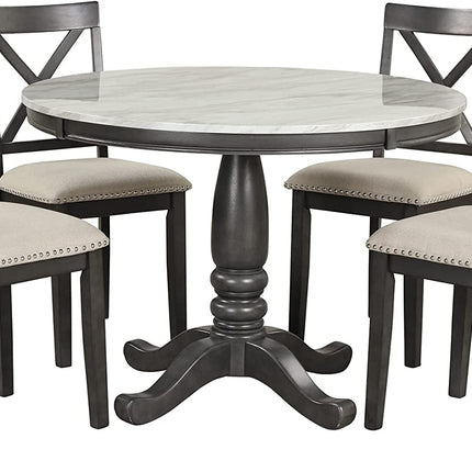 Round dining table with four matching chairs on a white background