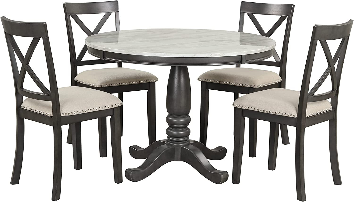 Round dining table with four matching chairs on a white background