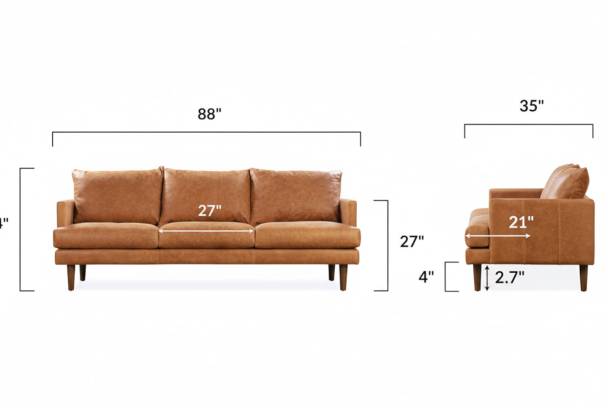 Brown leather sofa with dimensions labeled on a white background