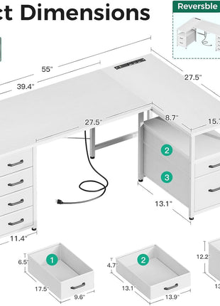 L Shaped Computer Desk with 6 Drawers & Power Outlet, 55 Inch Corner Desk with Reversible Storage Shelf & File Drawer, Home Office Desk, White-2