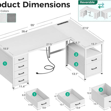 L Shaped Computer Desk with 6 Drawers & Power Outlet, 55 Inch Corner Desk with Reversible Storage Shelf & File Drawer, Home Office Desk, White-2