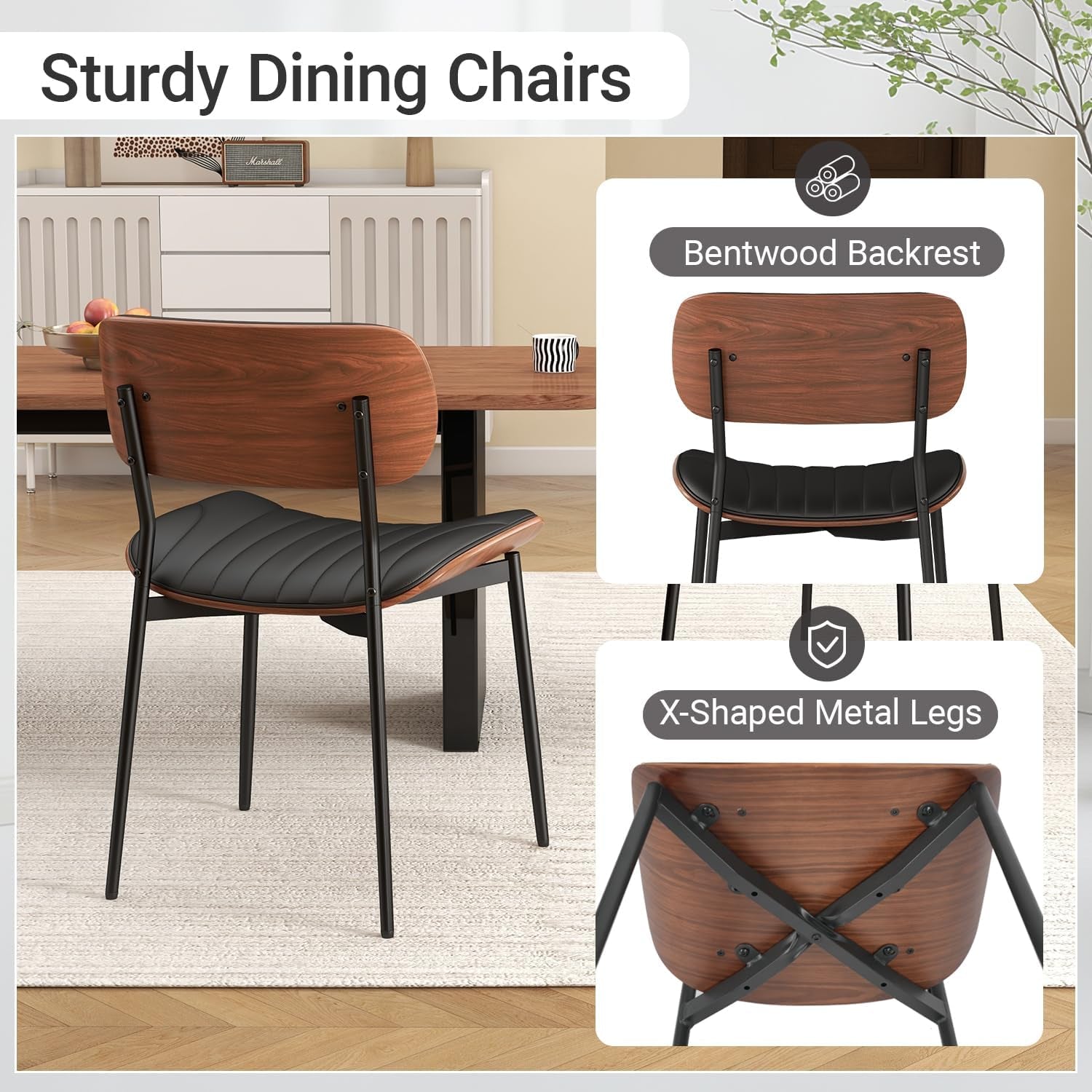 Two modern chairs with black seats and wooden backrests in a room with a table and decor.