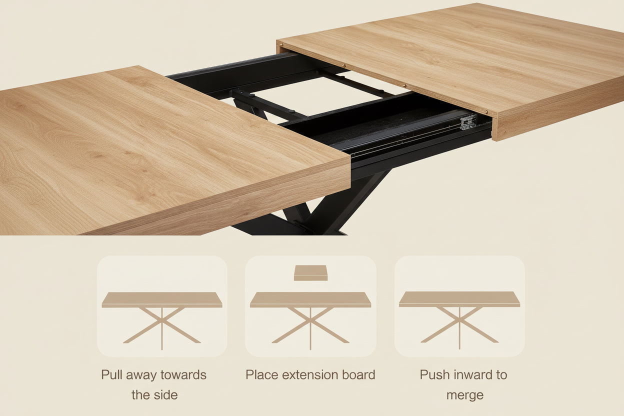 Wooden table with extension mechanism and assembly instructions.