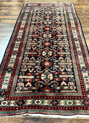 Persian Wide Runner Rug 4.8 x 10, Persian Kalegi Ardabil Rug, Perpedil Caucasian Rug, Antique Handmade Wool Carpet, Navy Blue Red, Tribal Rug-0