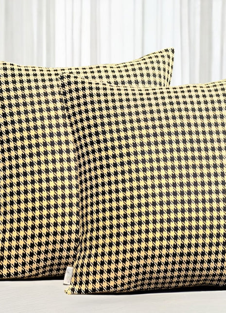 Set of Two 18" Yellow and Black Houndstooth Fabric Throw Pillows-0