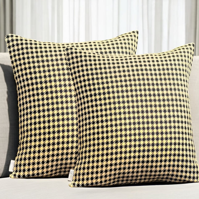 Set of Two 18" Yellow and Black Houndstooth Fabric Throw Pillows-0