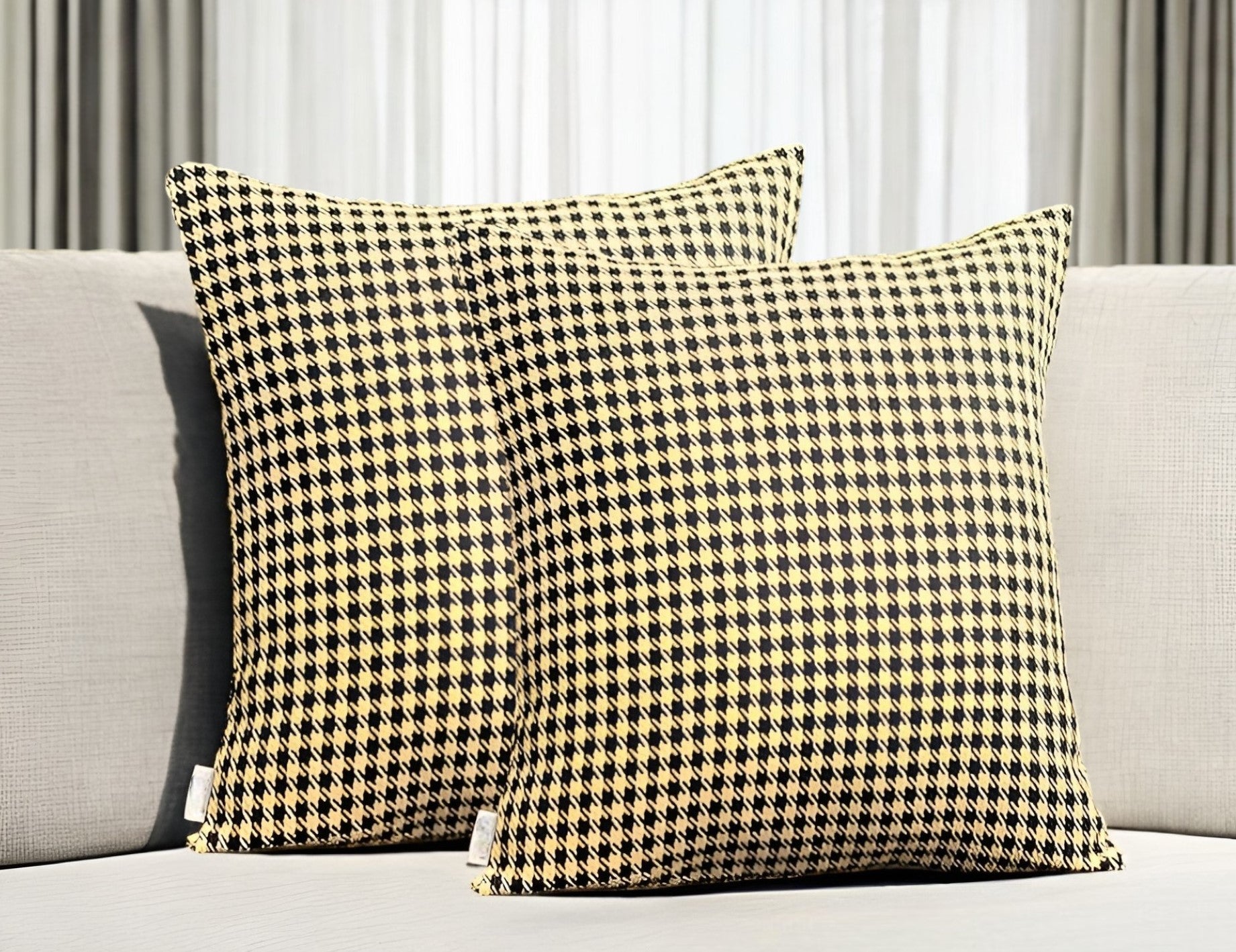 Set of Two 18" Yellow and Black Houndstooth Fabric Throw Pillows-0