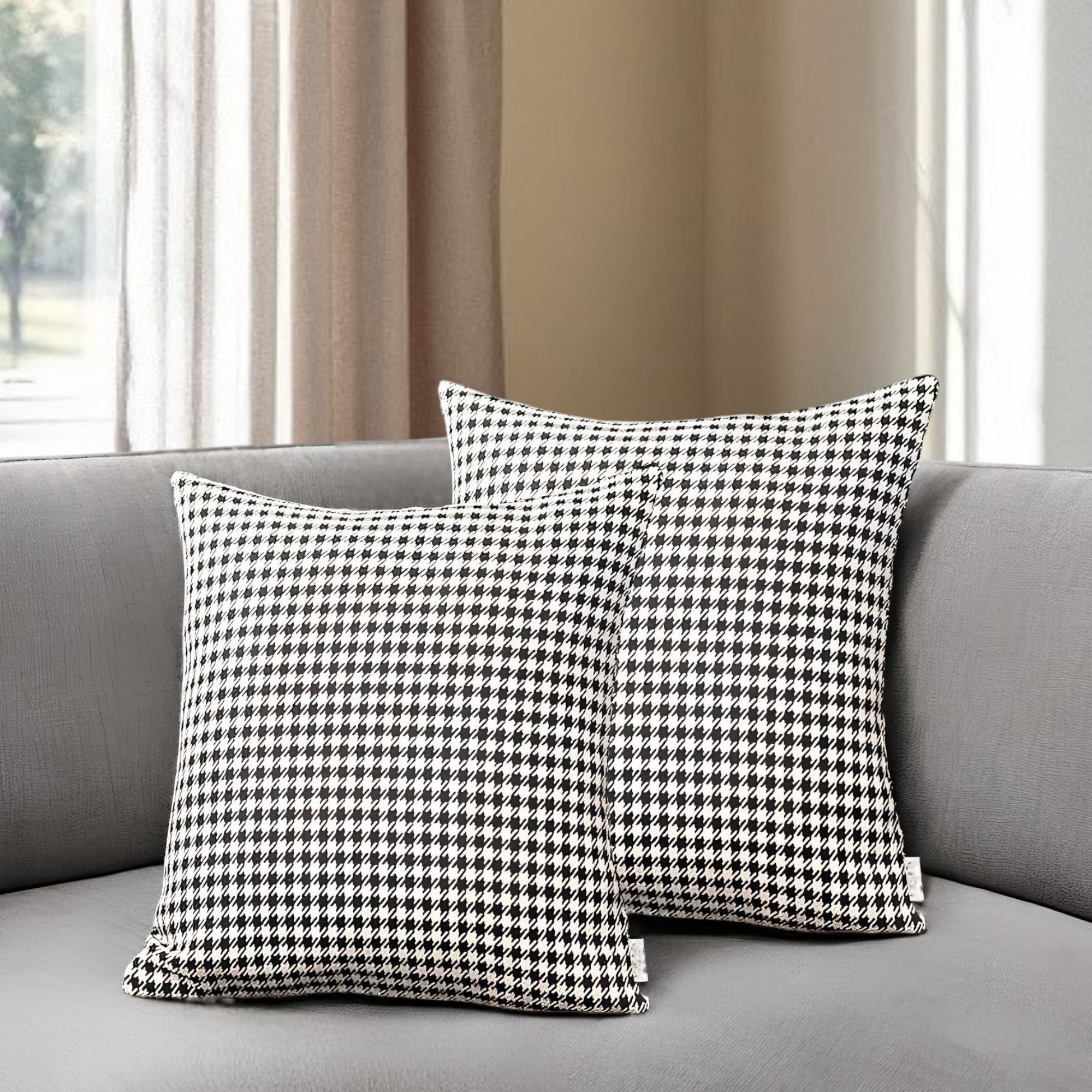 Set of Two 18" Black and White Houndstooth Fabric Throw Pillows-0