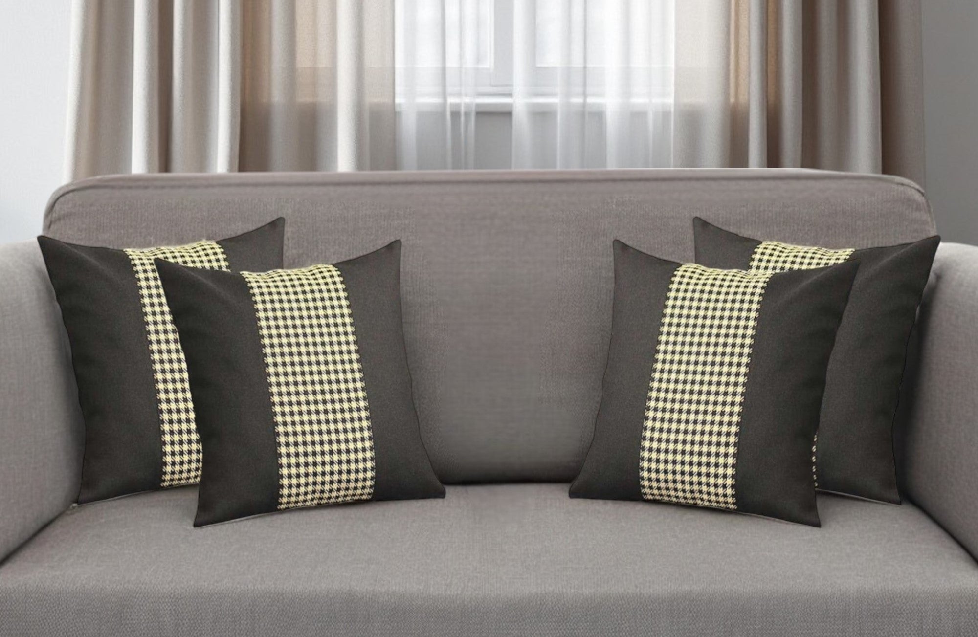 Set of Four 18" Black and Yellow Houndstooth Fabric Throw Pillows-0
