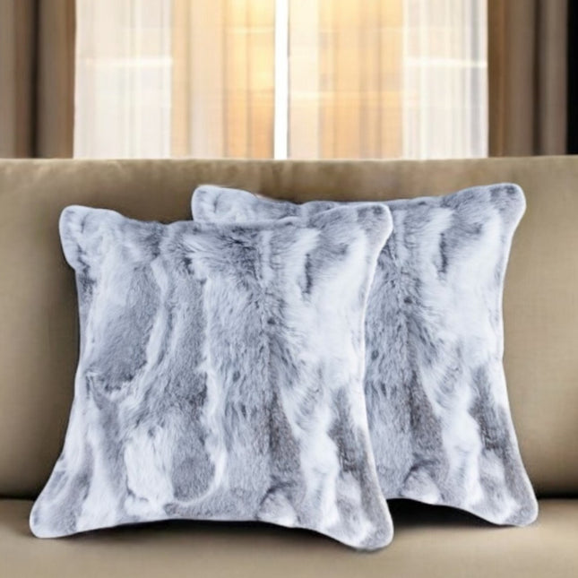 Set Of Two 18" Grey Rabbit Natural Fur Throw Pillows-0