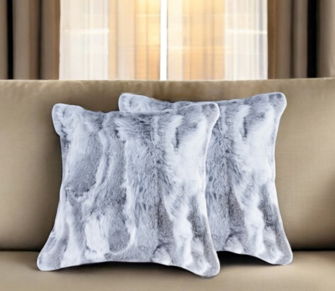 Set Of Two 18" Grey Rabbit Natural Fur Throw Pillows-0