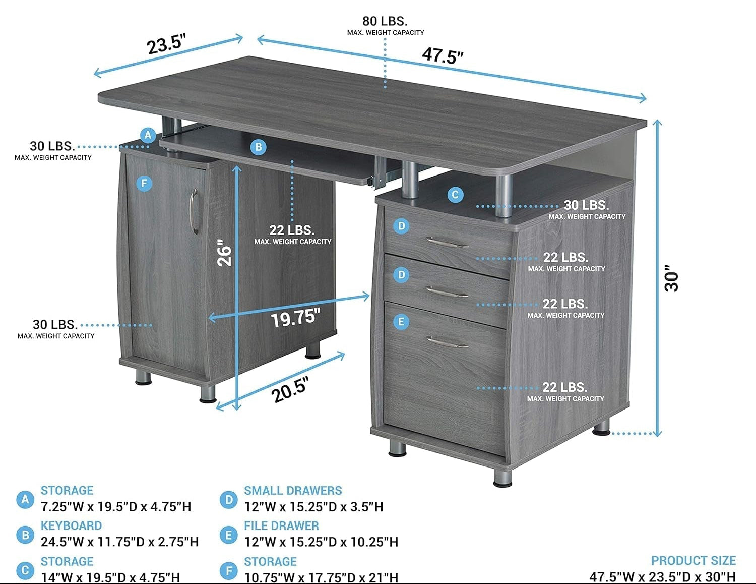 Gray office desk with dimensions and weight capacity details on a white background