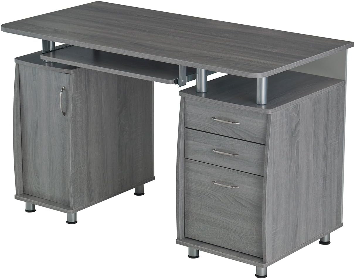 Gray wooden office desk with drawers and a cabinet on a white background
