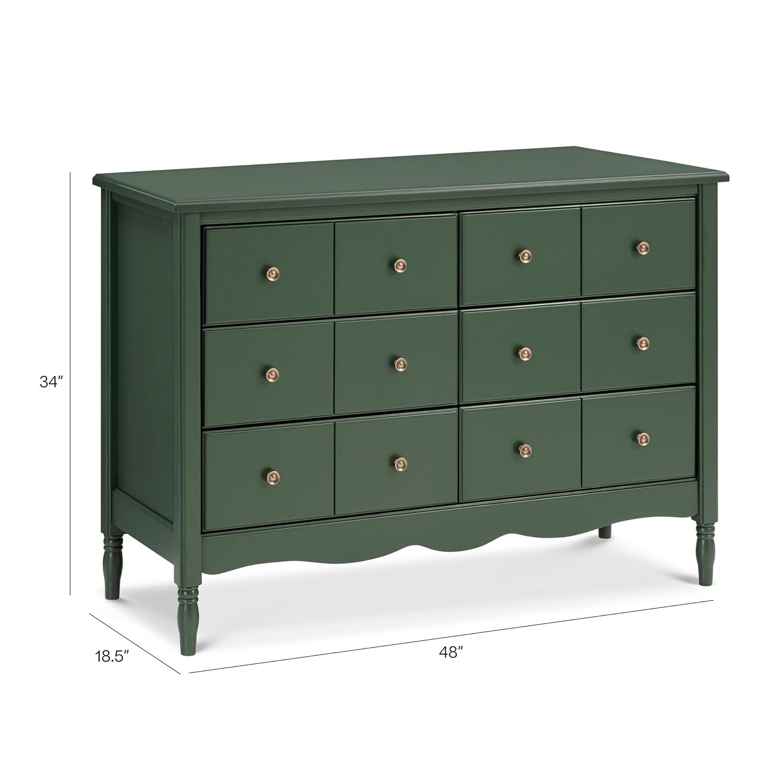 Green dresser with dimensions on a white background