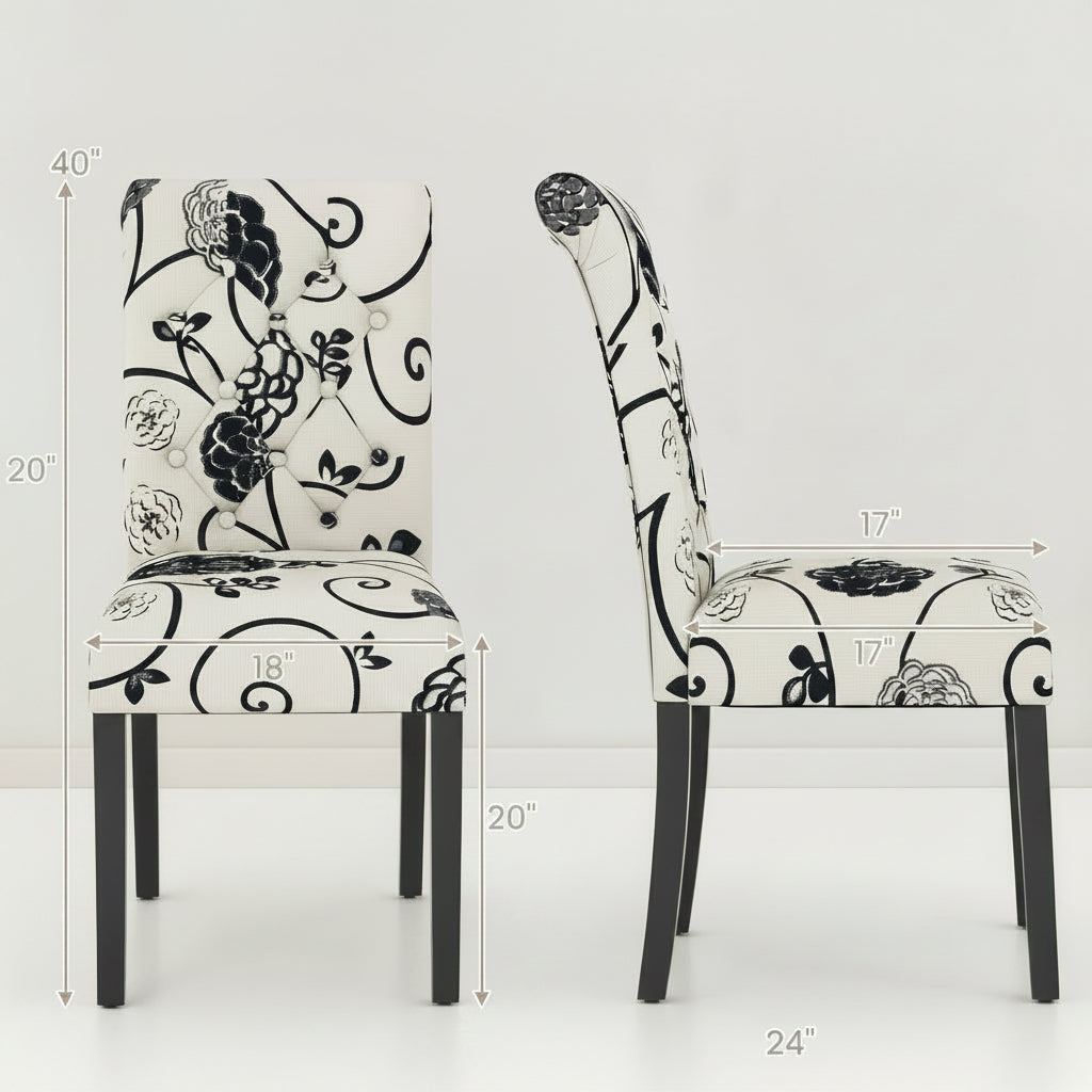 Floral-patterned chair with measurements and weight capacity on a white background