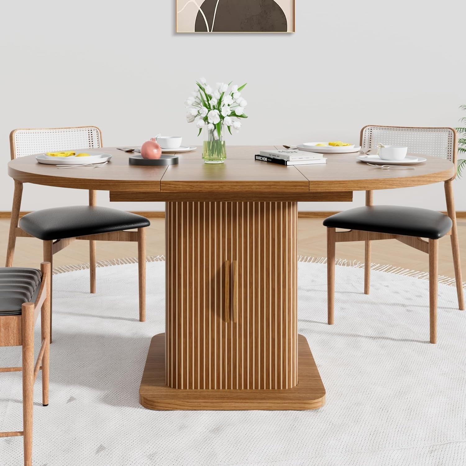 Wooden dining table with chairs in a modern room setting