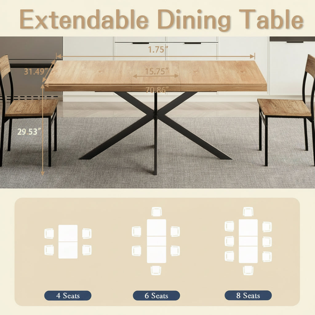 Extendable dining table with dimensions and seating capacity options in a kitchen setting.