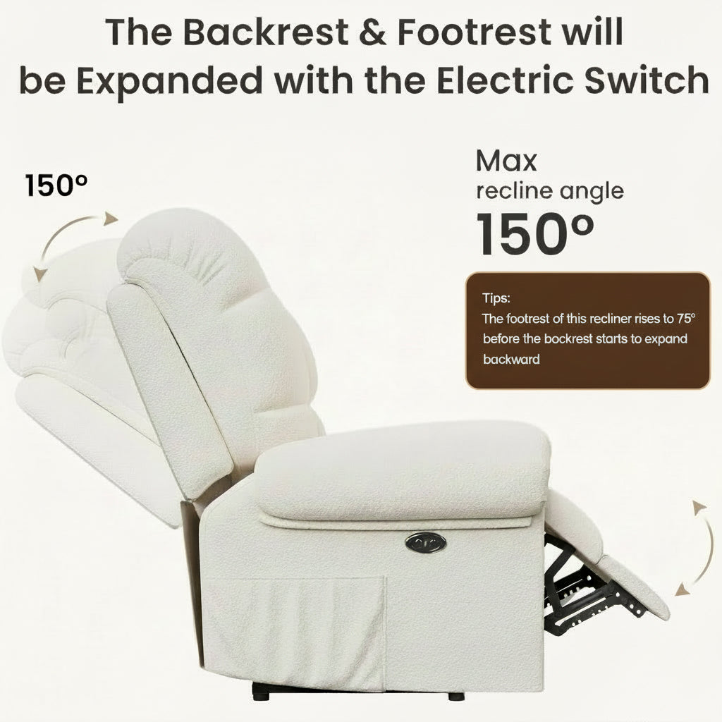 Hardy Haus Electric Recliner Chair | Beige White Teddy Fleece with USB Port