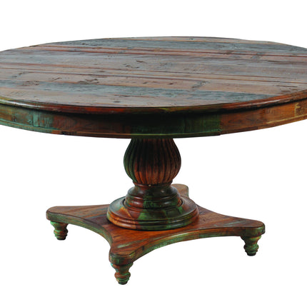 Round wooden table with a pedestal base on a white background