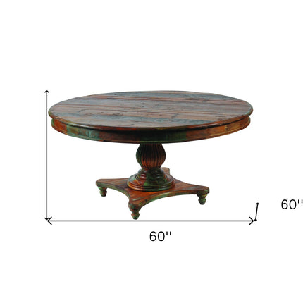 60" Brown Rounded Solid Wood Pedestal Base Dining Table