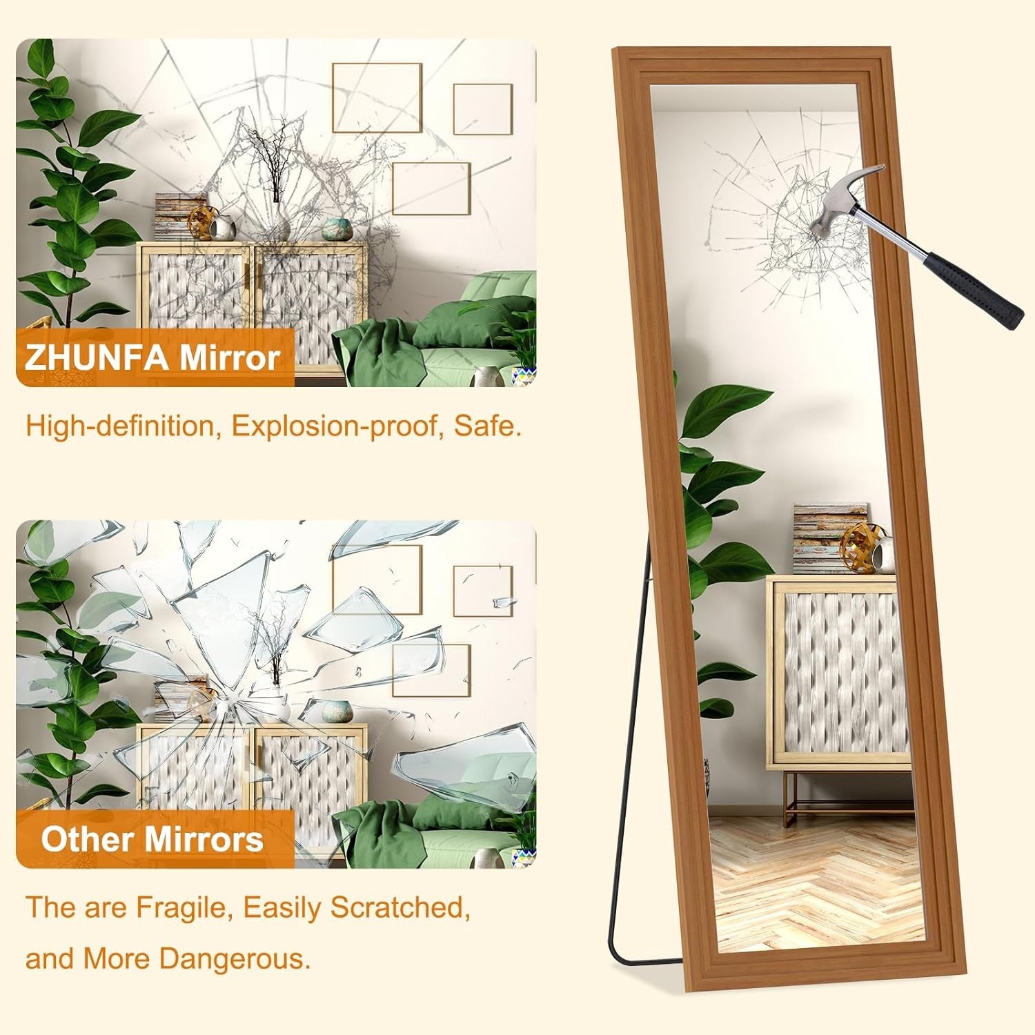 ZHUNFA mirror with a cracked glass effect next to text comparing it to other mirrors.