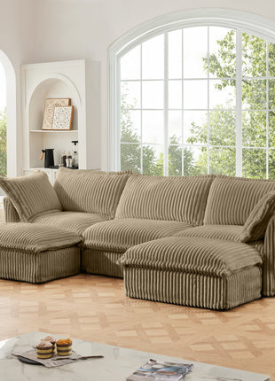 Slipcovered U Shape Sectional Deep Seat Sofa Couch, 3 Seater Sofa with French Edges Design Multiple Big Pillows, Modular Deep Seat Sectional Sofa Comfy Cloud Couch for Living Room, Apartment, Camel-2