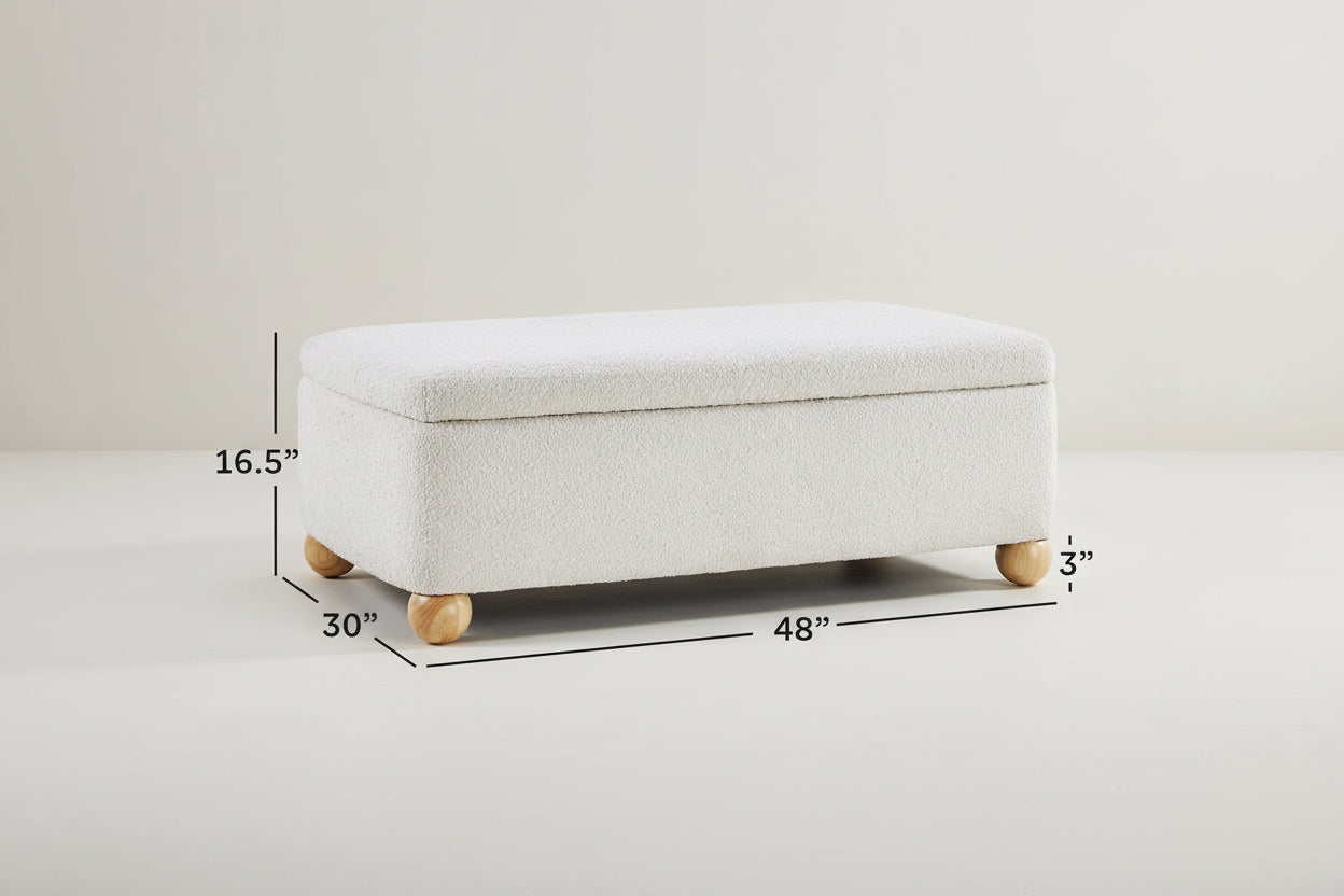 Beige storage ottoman with dimensions labeled