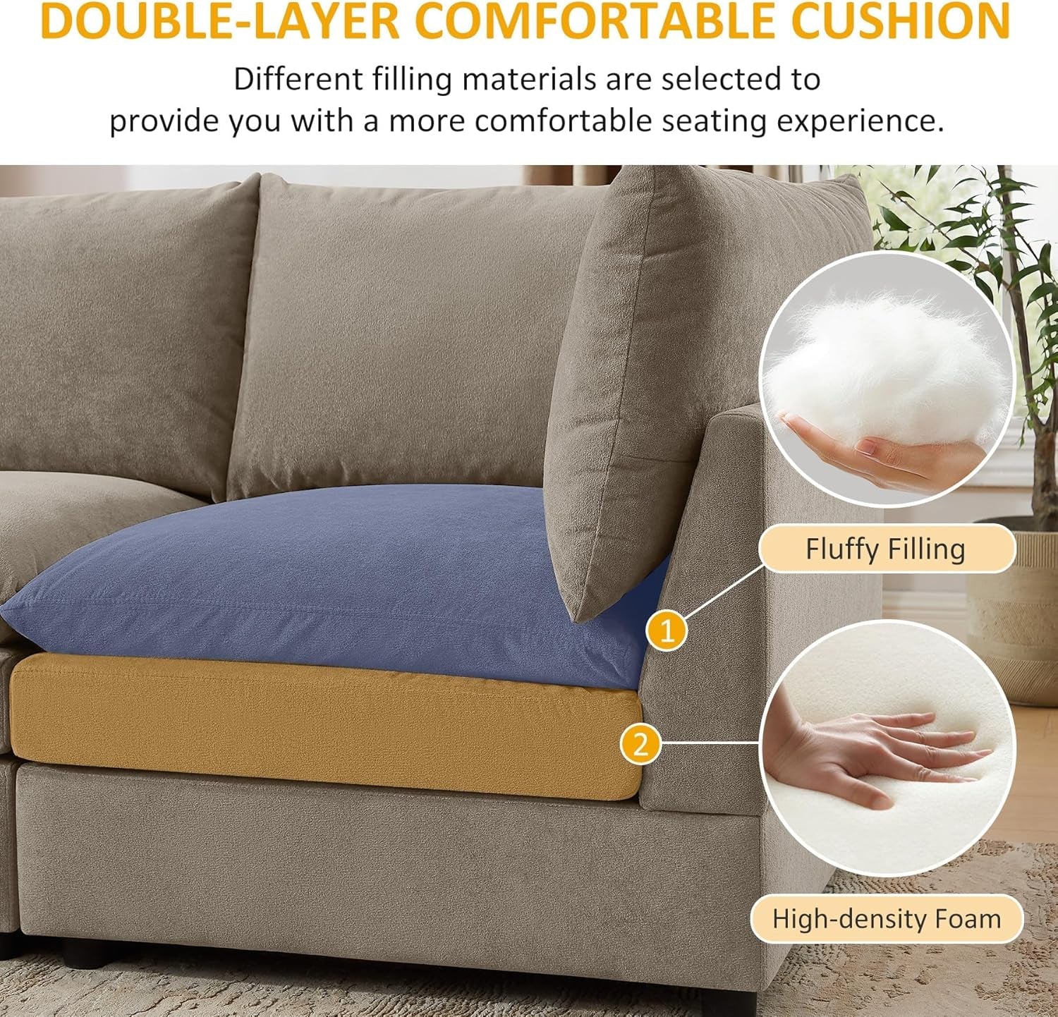 Sofa with double-layer cushion showing fluffy filling and high-density foam, labeled with text about comfort.