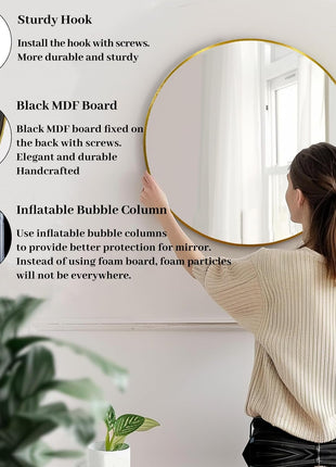 Gold round Mirror, 24 Inch Circle Mirror, Gold Metal Frame, round Wall Mounted Mirrors for Bathroom, Hallway, Living Room, Bedroom.-4