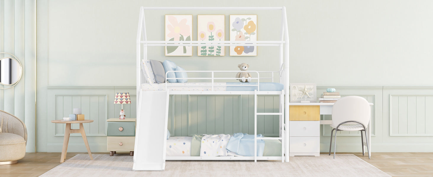 Twin Over Twin Metal Bunk Bed With Slide, Kids House Bed