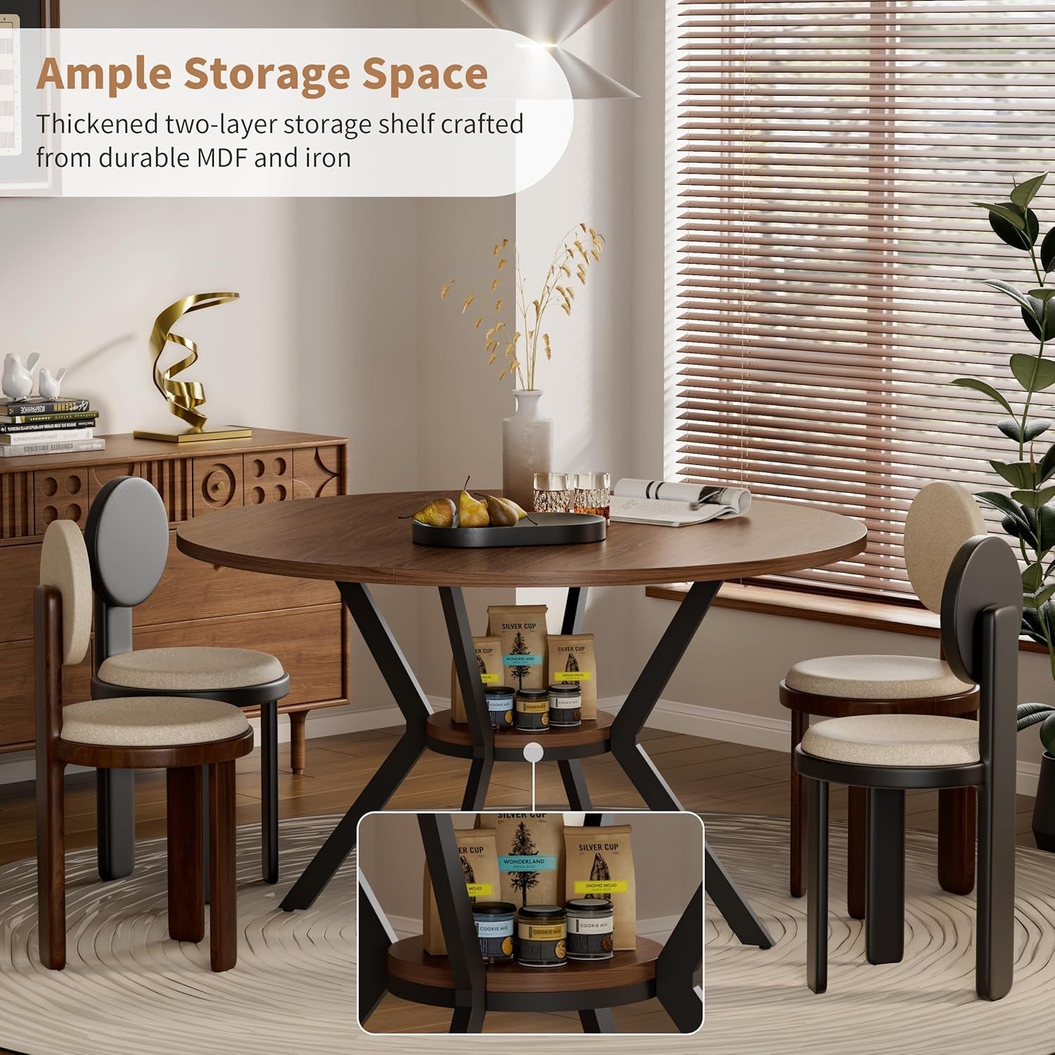 Dining room with round wooden table and chairs, featuring a thick two-layer storage shelf.