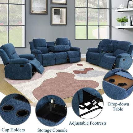 3 Seater Recliner Sofa Couch Modern Manual Reclining Sofa Fabric Reclining Sofa Living Room Couch with Dual Cup Holders and Drop down Table for Living Room/Office/Rv Car (Blue, 3 Seater Sofa)