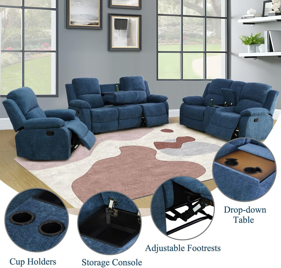 Blue reclining sofa set with cup holders, storage console, and drop-down table in a living room setting.