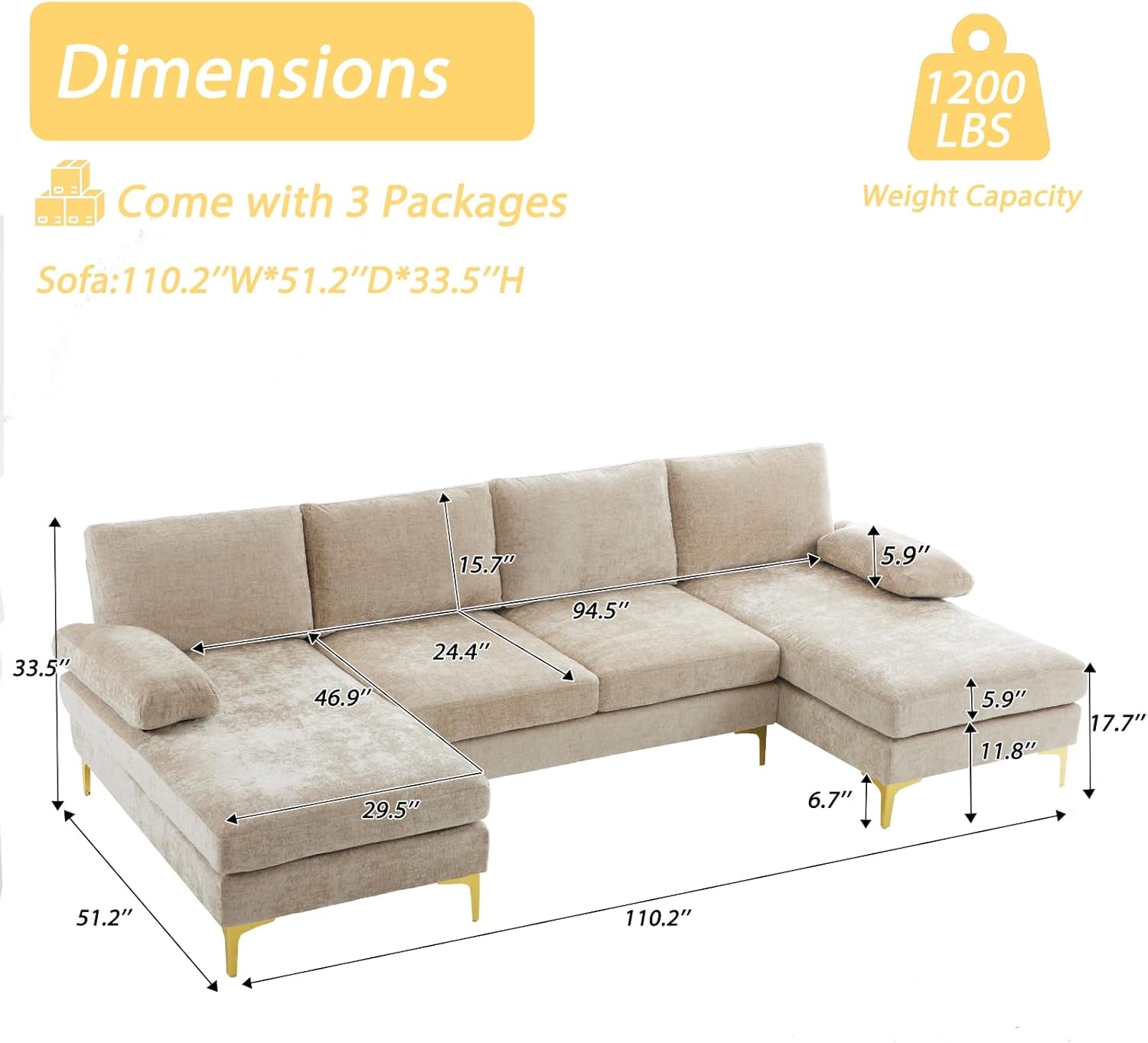 Convertible Sectional Sofa 110 Inch Camel U Shape-1