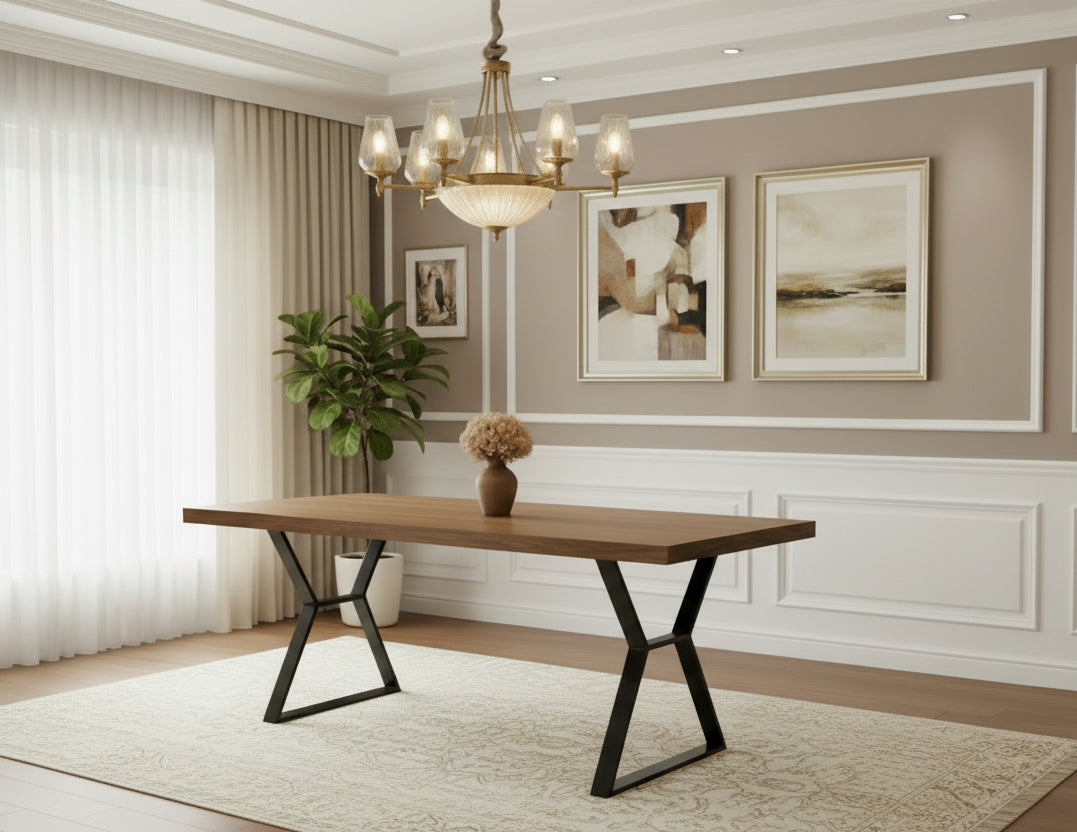 Dining room with wooden table and chairs against a beige wall.