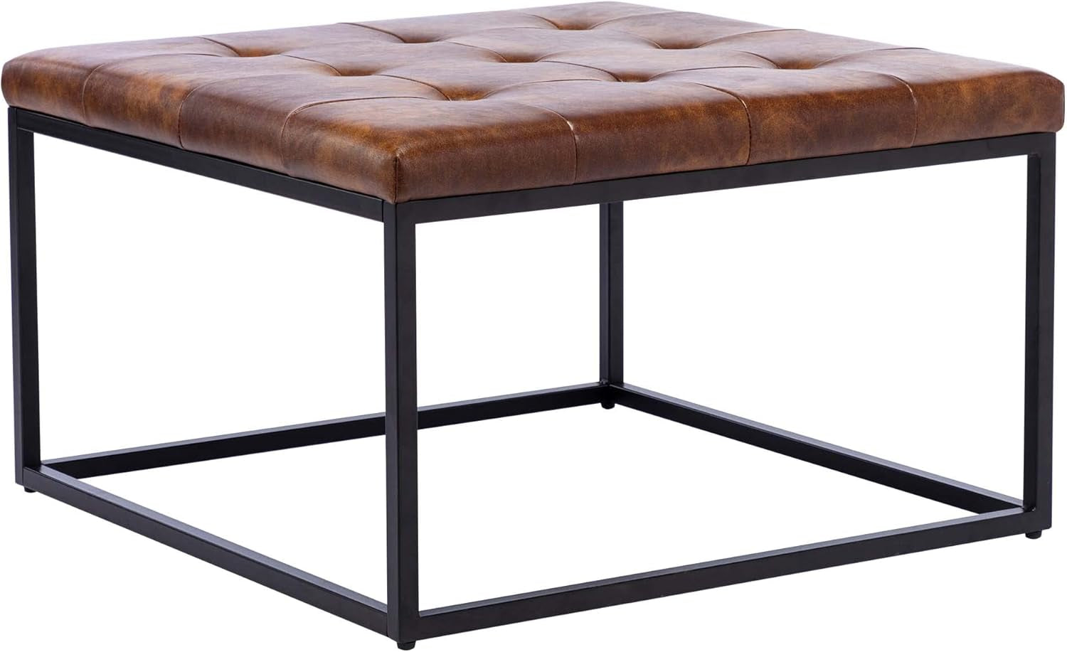 Brown leather ottoman with black metal frame on a white background