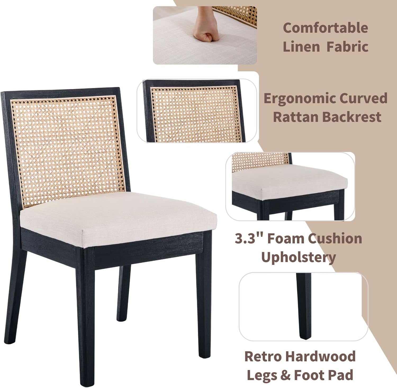 Hardy Haus BeigeTextured Rattan Dining Chairs CaneBack Set Two
