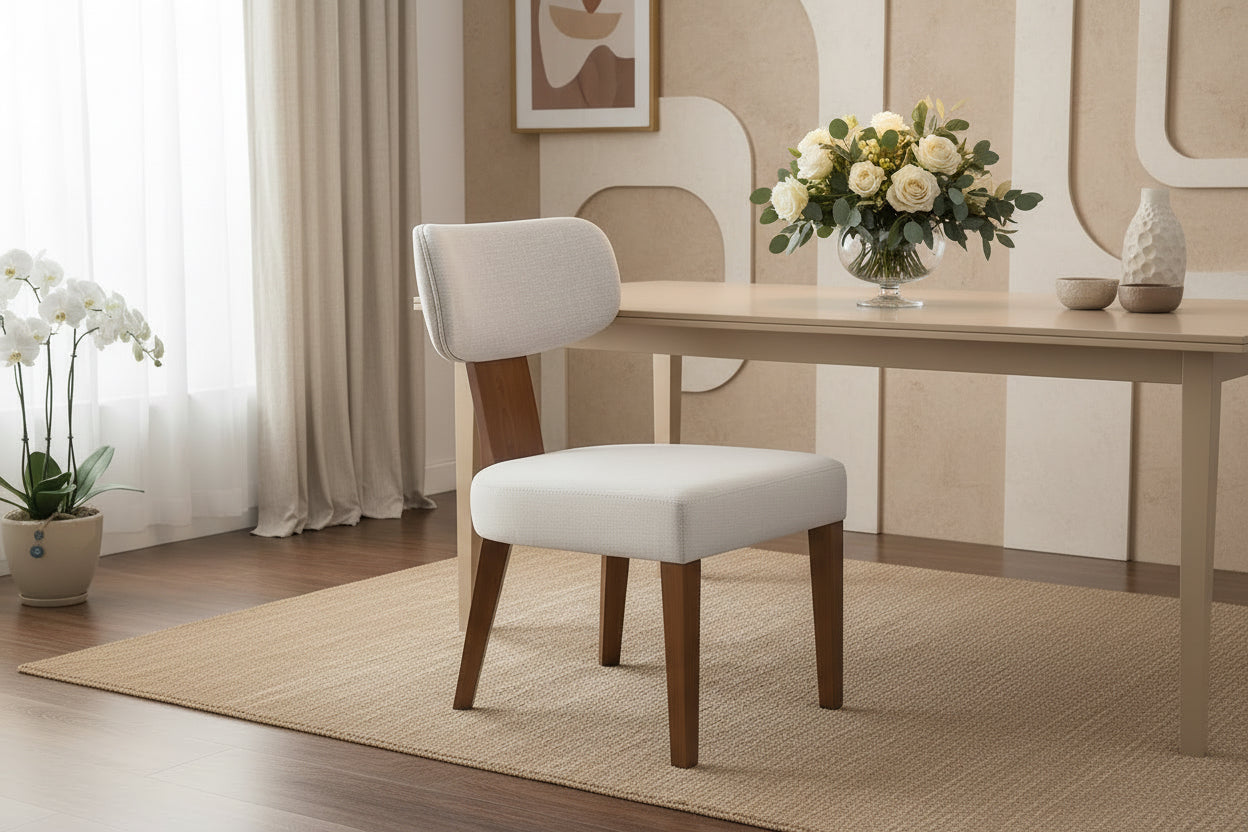Ergonomic dining chair with features highlighted on a white background
