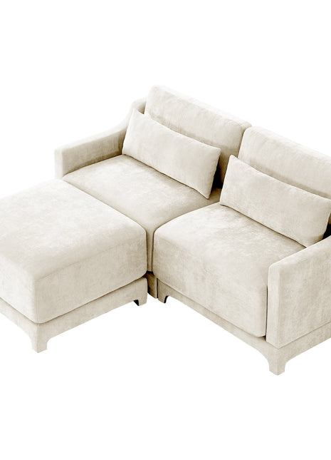 Elegant Two-Seater Sofa with Ottoman, Lumbar Pillows, Ergonomic Design, Beige Chenille, Wood Frame-0