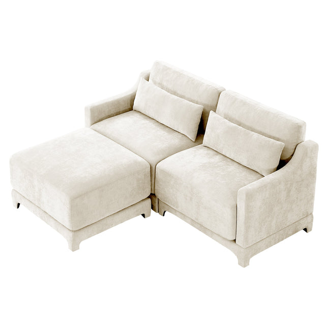 Elegant Two-Seater Sofa with Ottoman, Lumbar Pillows, Ergonomic Design, Beige Chenille, Wood Frame-0